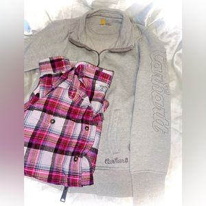 Carhartt Lot Zip Sweatshirt + Pink Plaid Flannel Long Sleeve Shirt Western Barn
